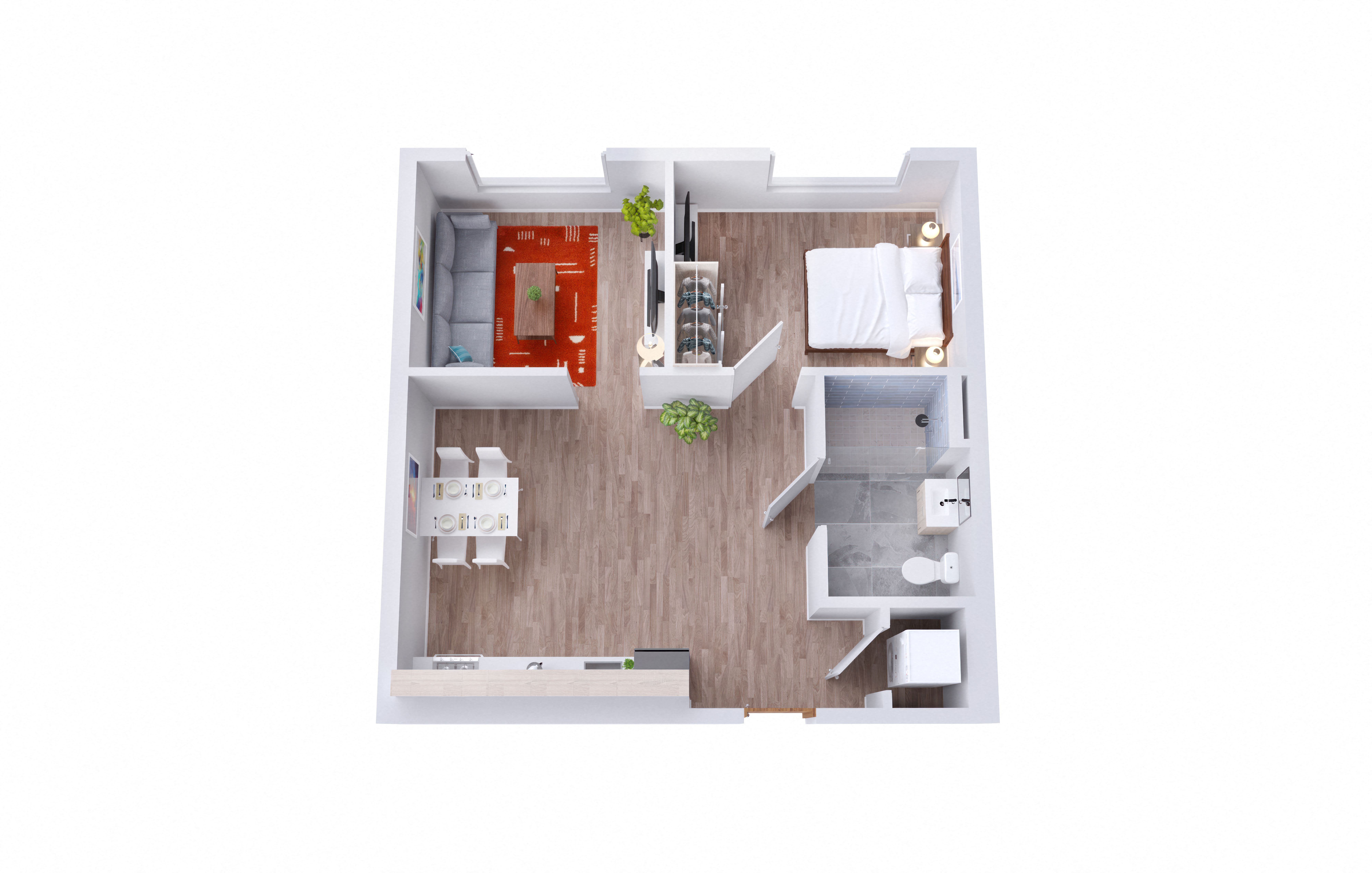 Floor plan for 1 bed, 1 bath, 580 sqft