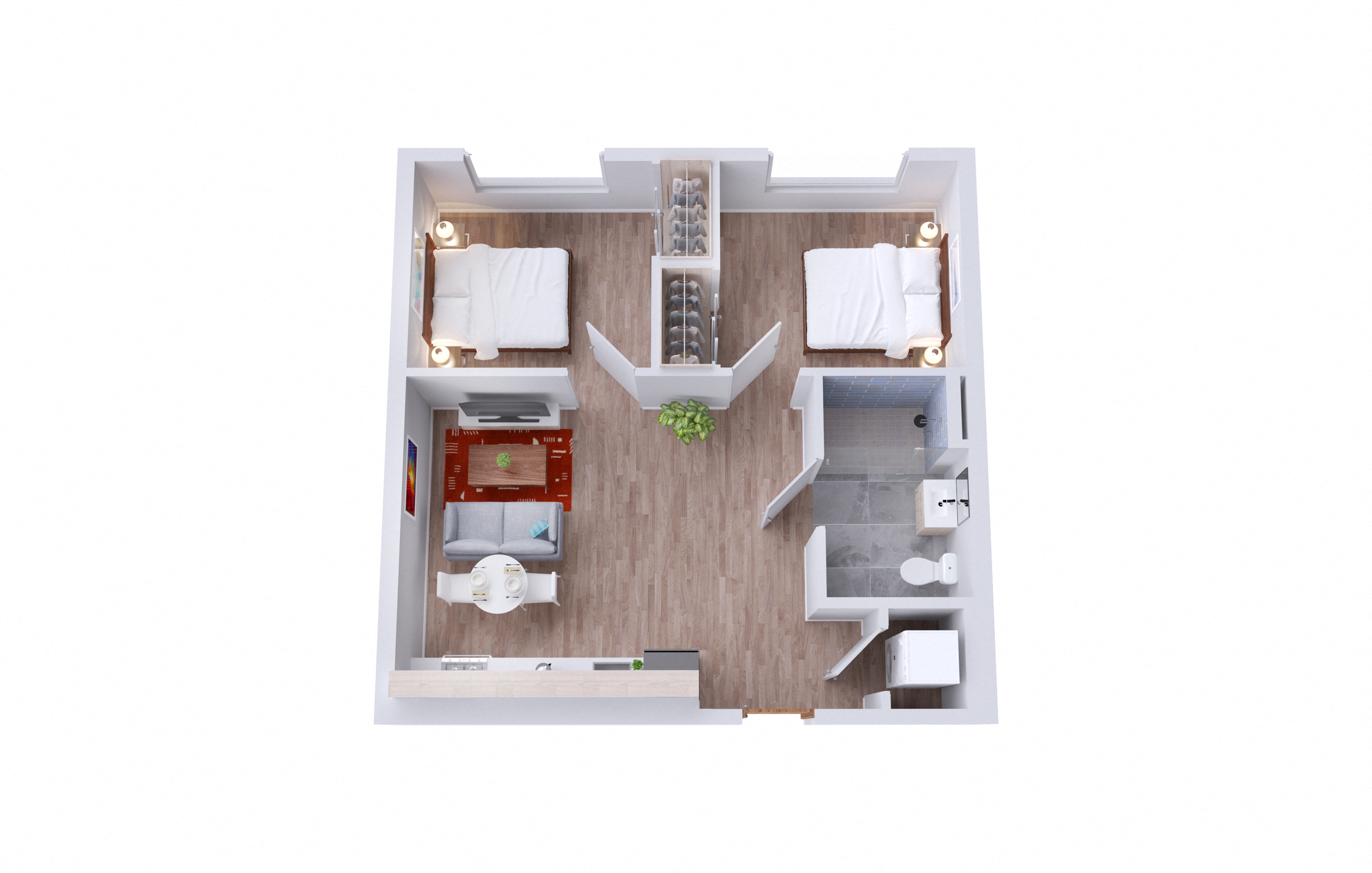 Floor plan for 1 bed, 1 bath, 629 sqft