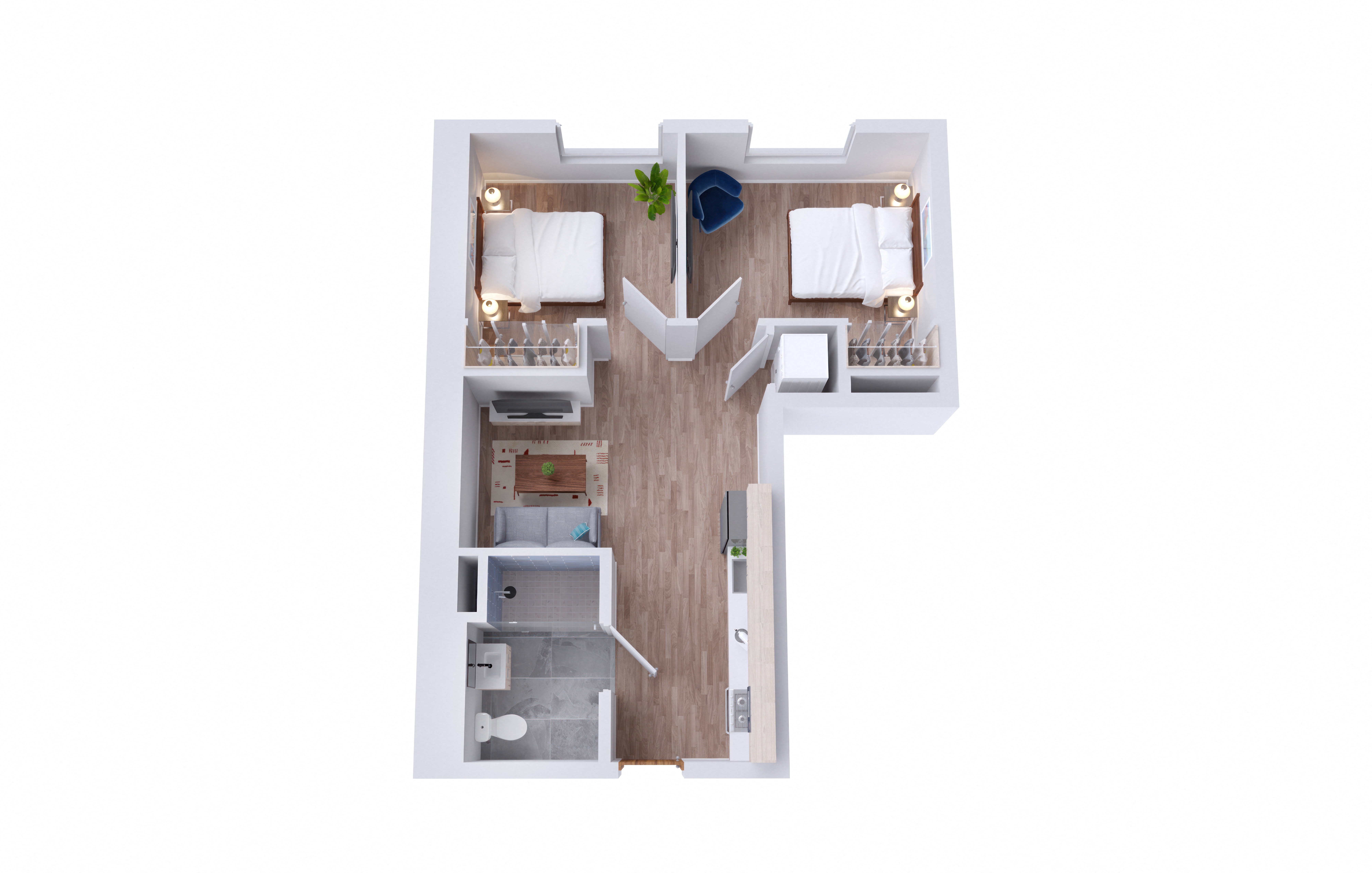 Floor plan for 2 beds, 1 bath, 552 sqft