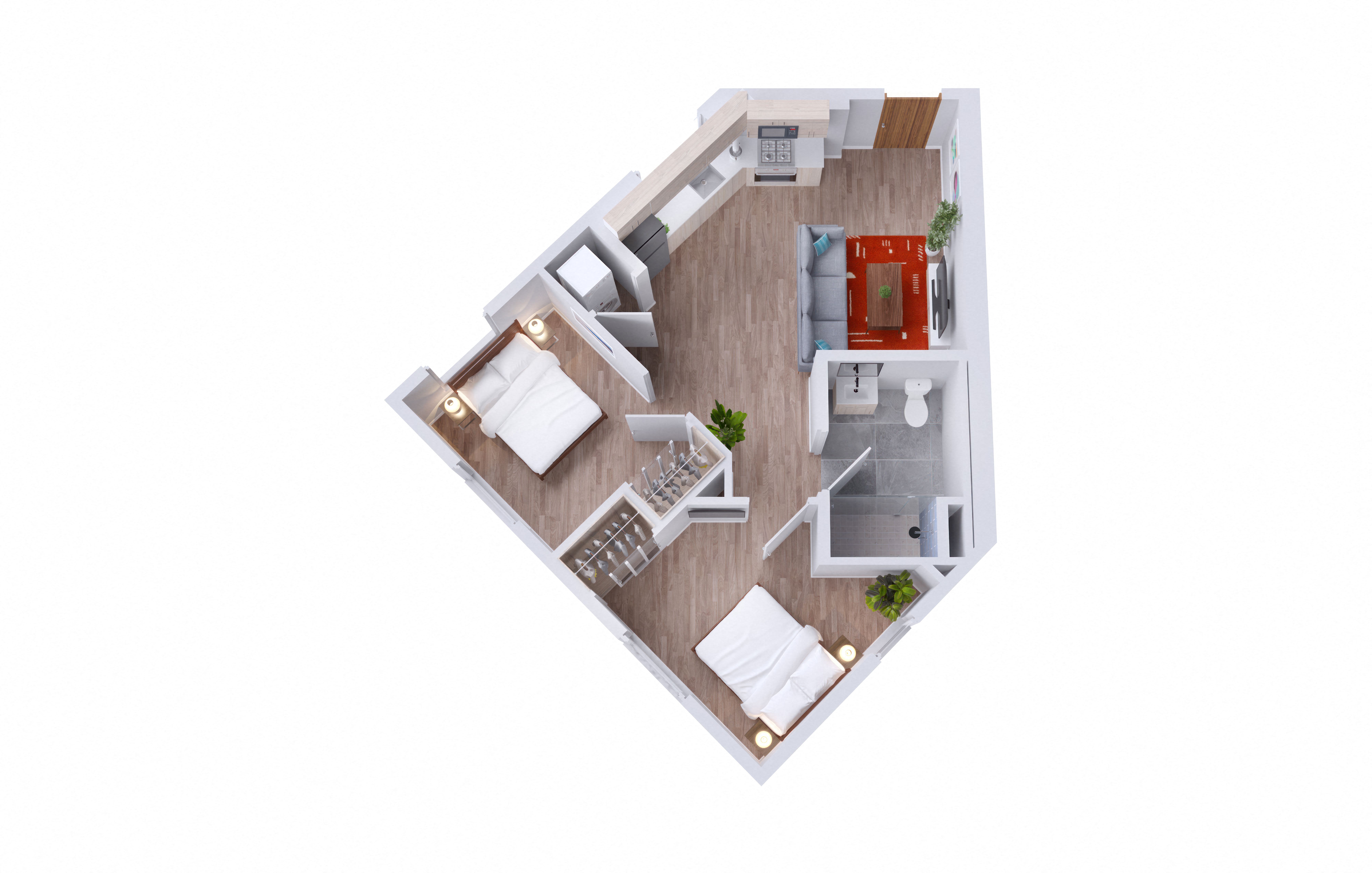 Floor plan for 2 beds, 1 bath, 608 sqft