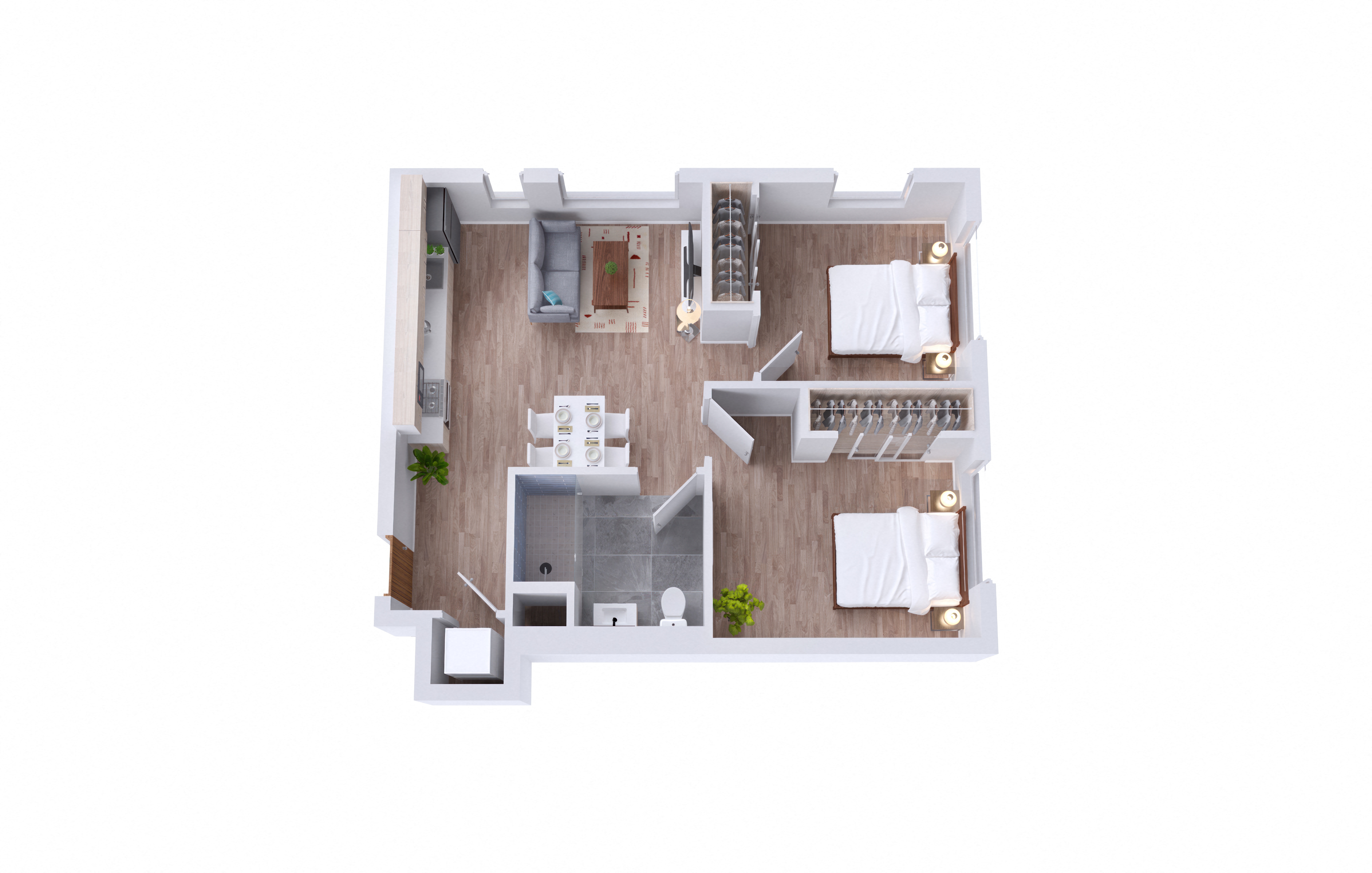Floor plan for 2 beds, 1 bath, 604 sqft