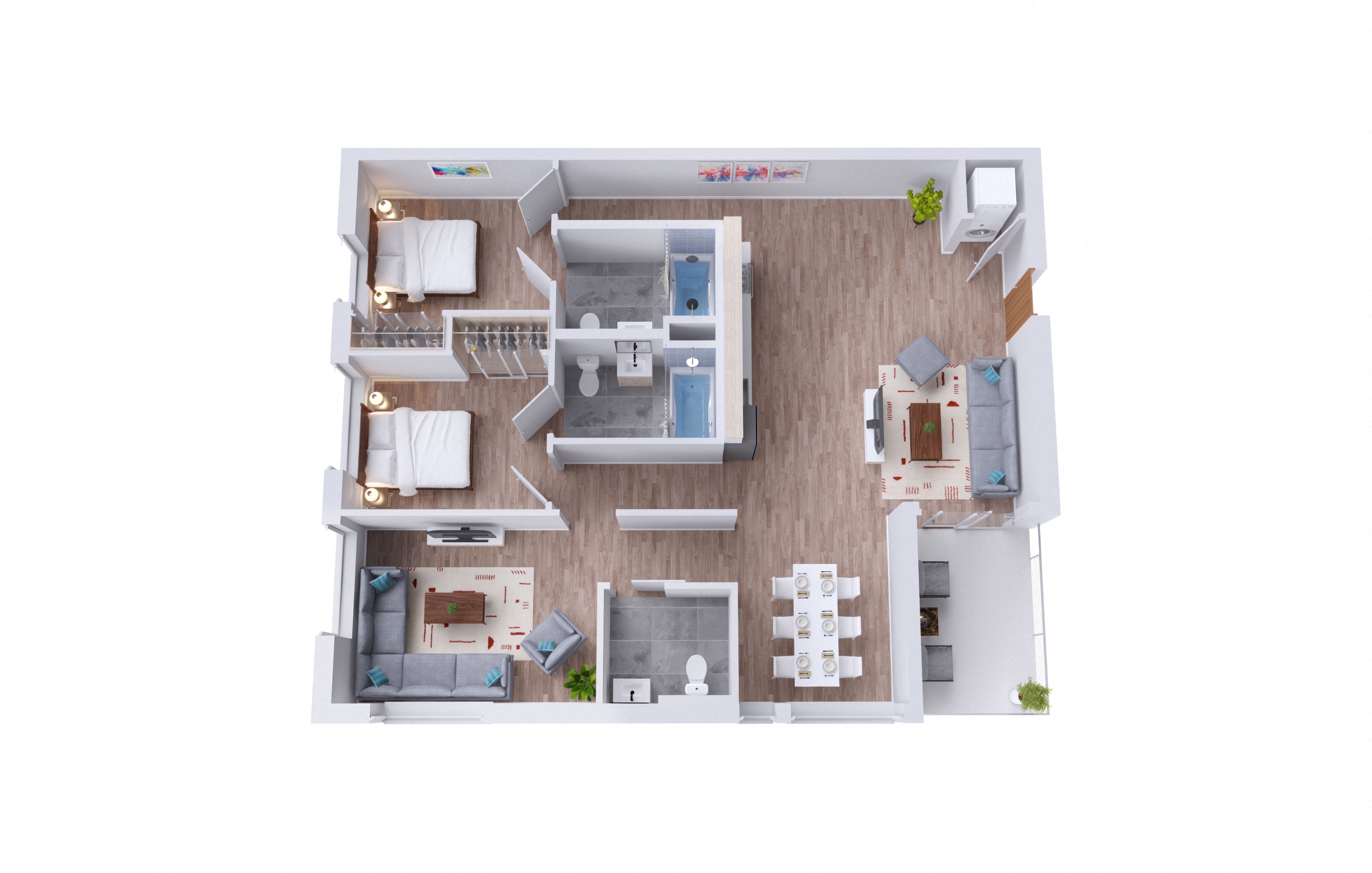 Floor plan for 2 beds, 3 baths, 1116 sqft