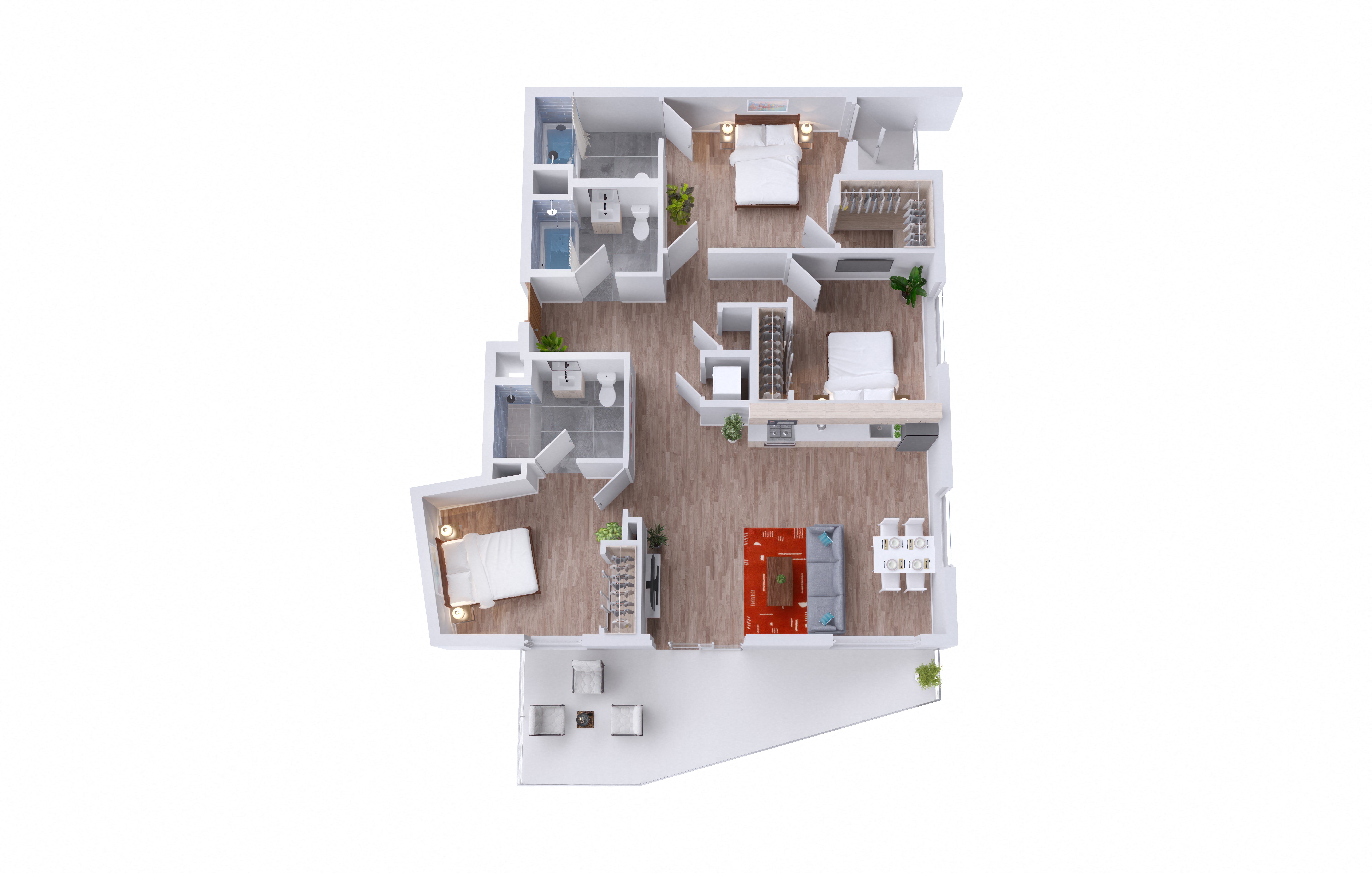 Floor plan for 3 beds, 3 baths, 1089 sqft