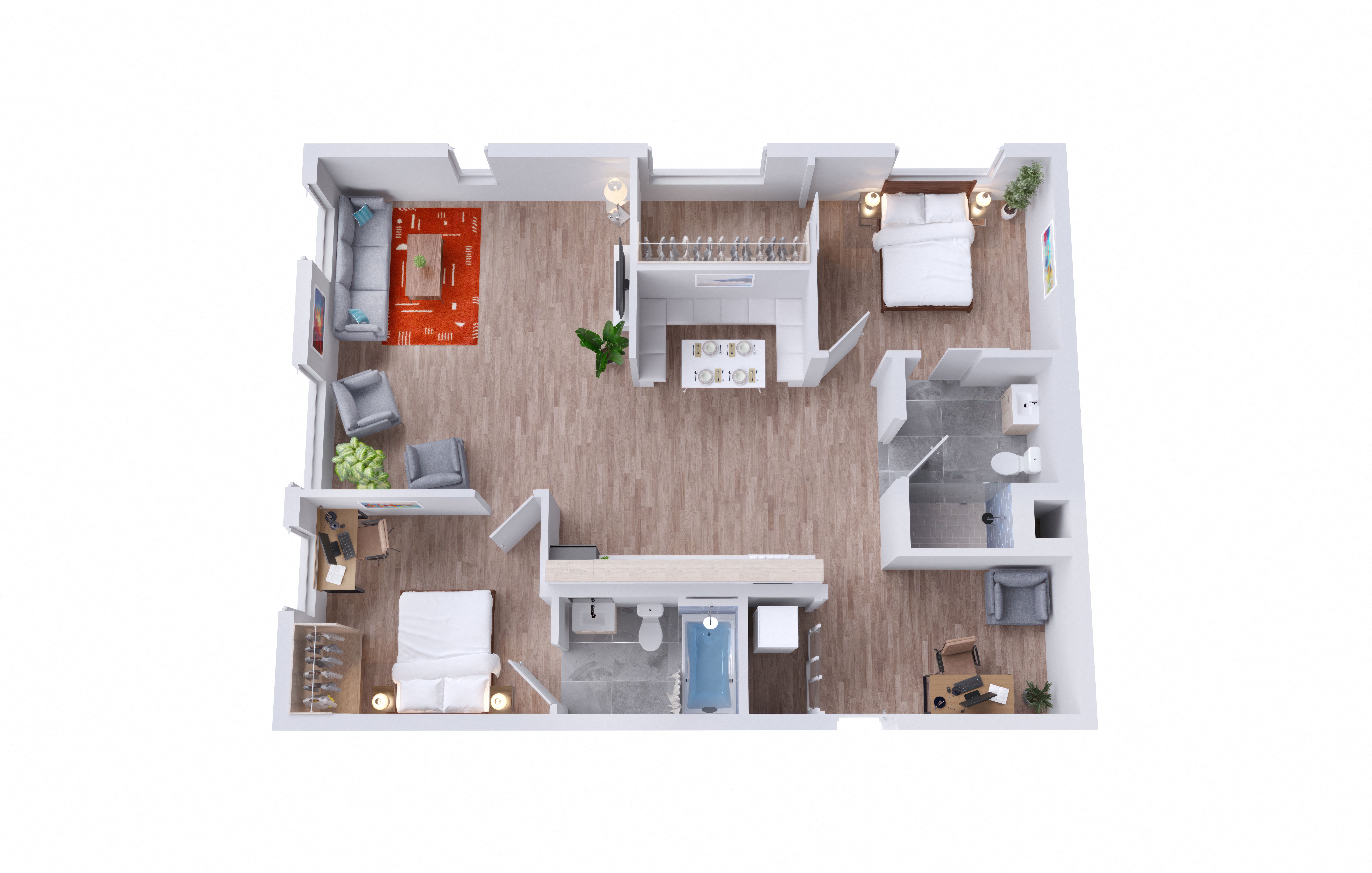 Floor plan for 2 beds, 2 baths, 1009 sqft