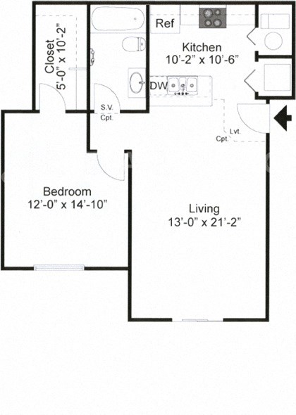 Floor plan for 1 bed, 1 bath, 737 sqft