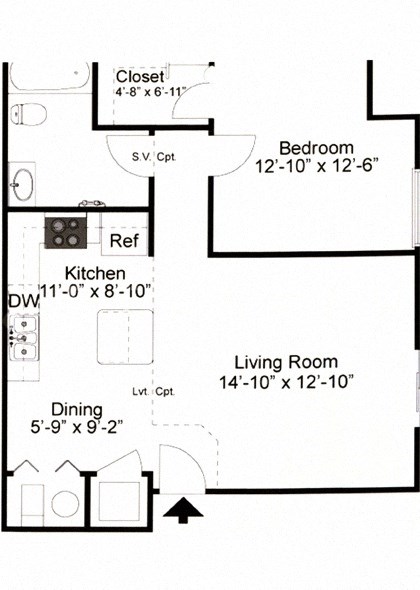 Floor plan for 1 bed, 1 bath, 756 sqft