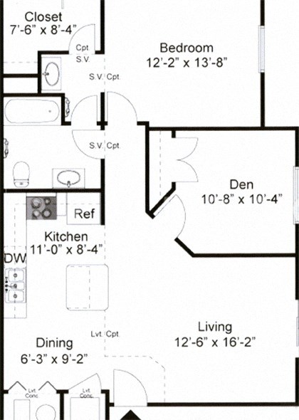 Floor plan for 1 bed, 1 bath, 940 sqft