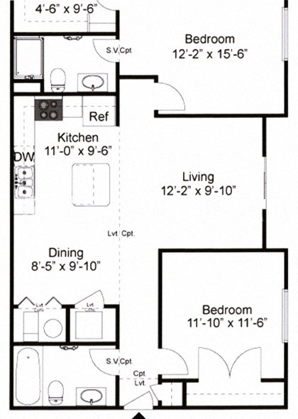 Floor plan for 2 beds, 2 baths, 1015 sqft