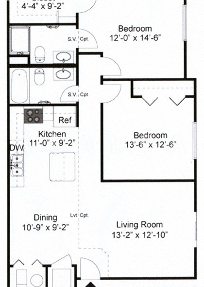 Floor plan for 2 beds, 2 baths, 1024 sqft