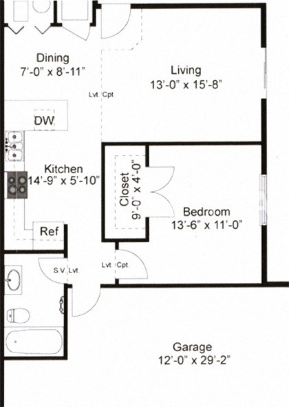 Floor plan for 1 bed, 1 bath, 1107 sqft