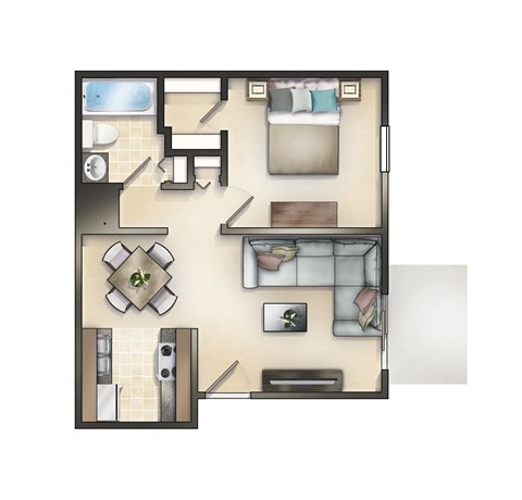 Floor plan for 1 bed, 1 bath, 650 sqft