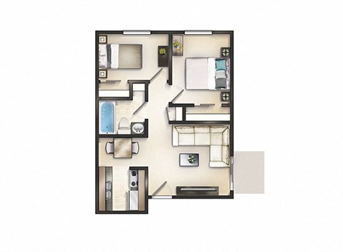 Floor plan for 2 beds, 1 bath, 850 sqft