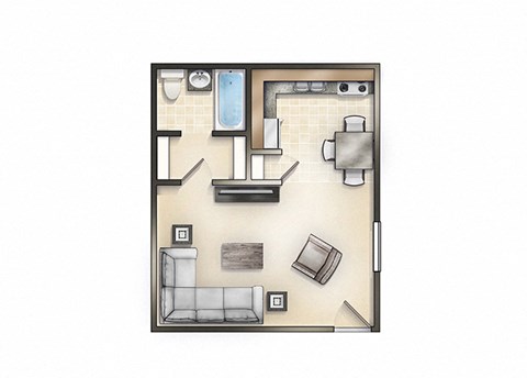 Floor plan for studio, 1 bath, 376 sqft