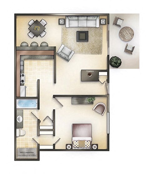 Floor plan for 1 bed, 1 bath, 750 sqft