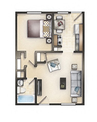 Floor plan for 1 bed, 1 bath, 618 sqft