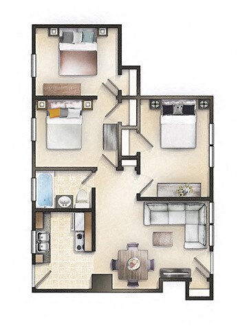 Floor plan for 3 beds, 1 bath, 713 sqft
