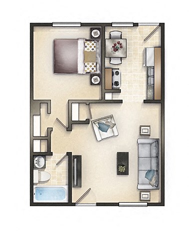 Floor plan for 1 bed, 1 bath, 475 sqft