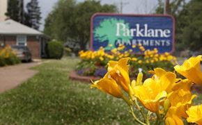 Wichita apartment for rent - a garden of yellow flowers in front of a apartments sign