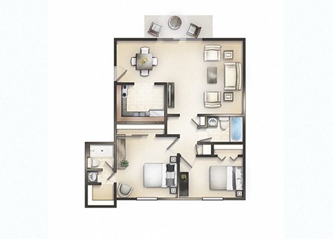 Floor plan for 2 beds, 2 baths, 1040 sqft