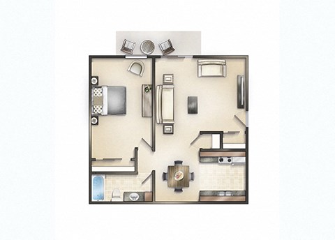 Floor plan for 1 bed, 1 bath, 675 sqft