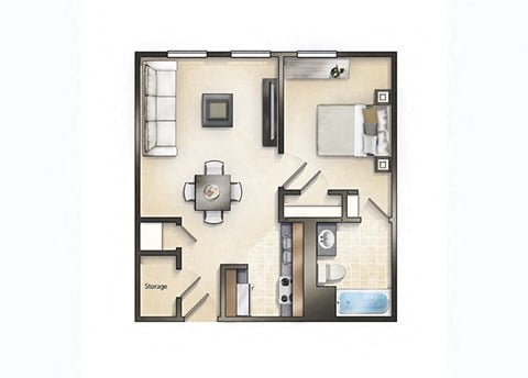 Floor plan for 1 bed, 1 bath, 560 sqft