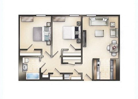 Floor plan for 2 beds, 1 bath, 840 sqft