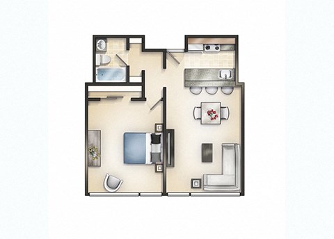 Floor plan for 1 bed, 1 bath, 613 sqft