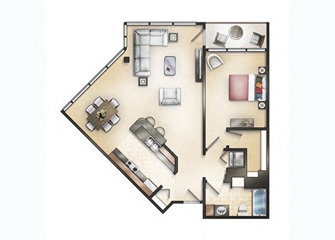 Floor plan for 1 bed, 1 bath, 964 sqft
