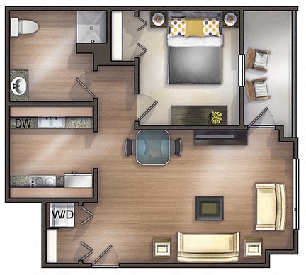 Floor plan for 1 bed, 1 bath, 700 sqft