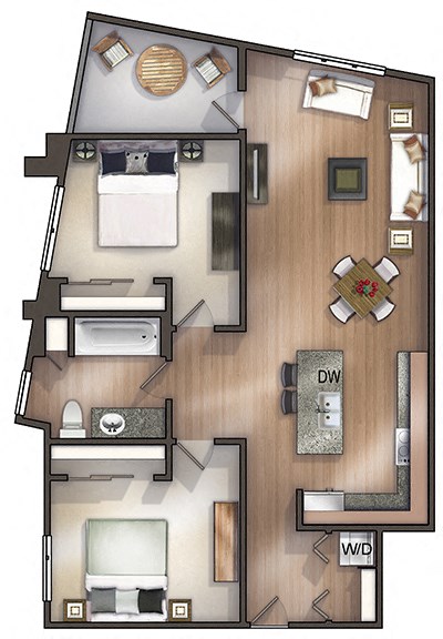 Floor plan for 2 beds, 1 bath, 1000 sqft