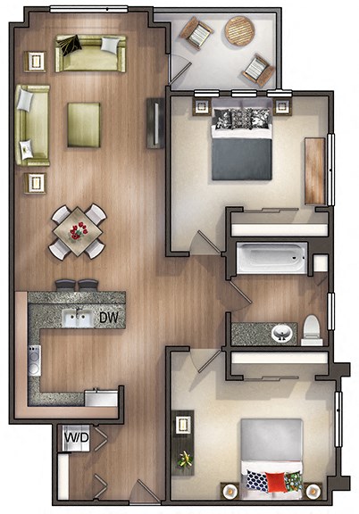 Floor plan for 2 beds, 1 bath, 1000 sqft