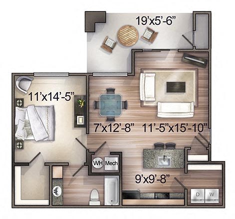 Floor plan for 1 bed, 1 bath, 730 sqft