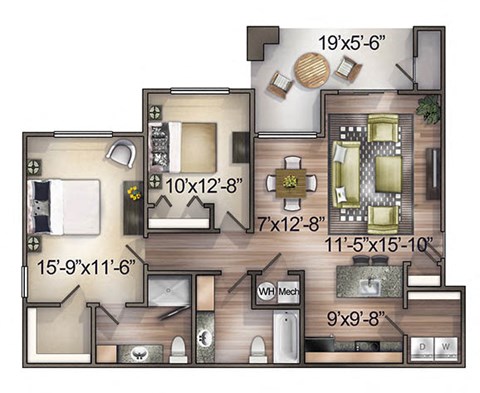 Floor plan for 2 beds, 2 baths, 1010 sqft