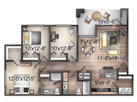 Floor plan for 3 beds, 2 baths, 1138 sqft