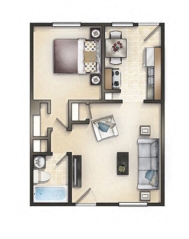 Floor plan for 1 bed, 1 bath, 475 sqft