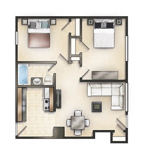 Floor plan for 2 beds, 1 bath, 618 sqft
