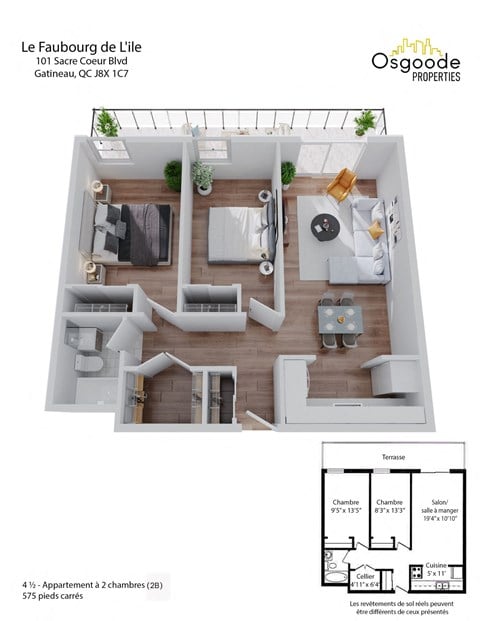Floor plan for 2 beds, 1 bath, 575 sqft