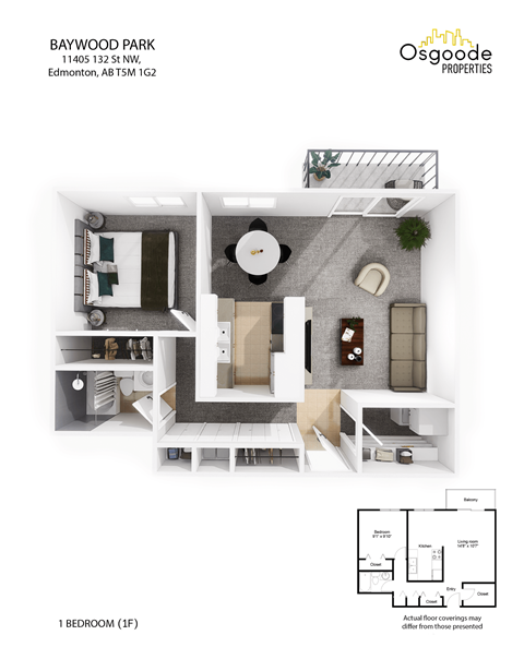Floor plan for 1 bed, 1 bath, 682 sqft