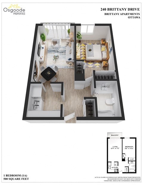 Floor plan for 1 bed, 1 bath, 554 sqft