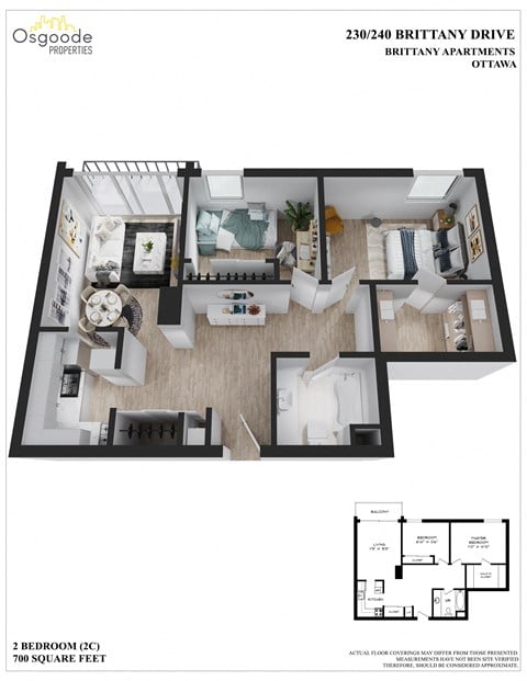 Floor plan for 2 beds, 1 bath, 740 sqft
