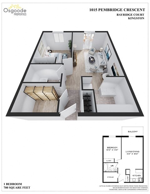 Floor plan for 1 bed, 1 bath, 696 sqft