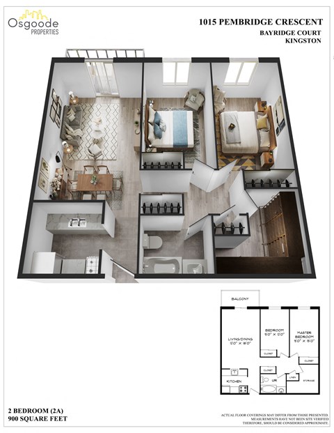 Floor plan for 2 beds, 1 bath, 896 sqft