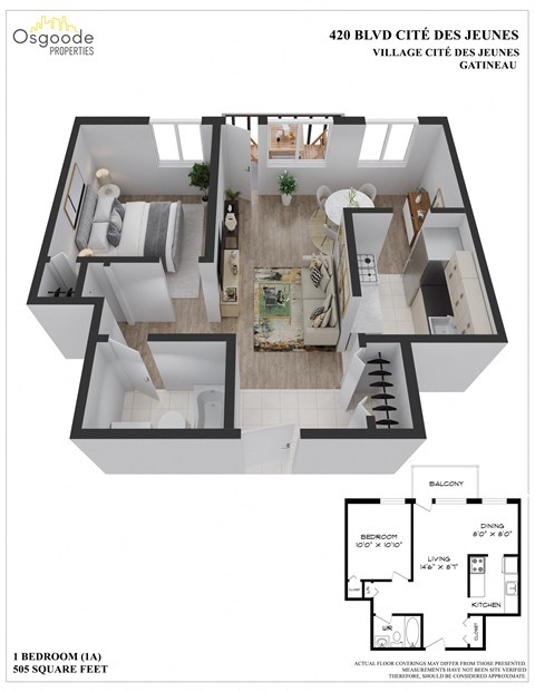 Floor plan for 1 bed, 1 bath, 525 sqft