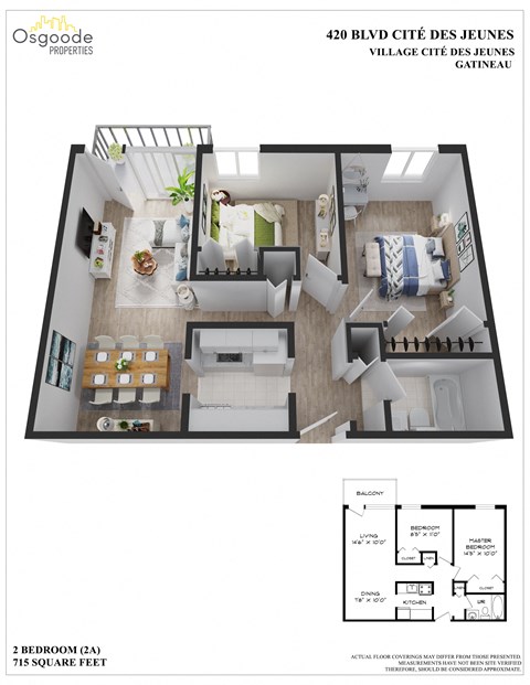 Floor plan for 2 beds, 1 bath, 721 sqft