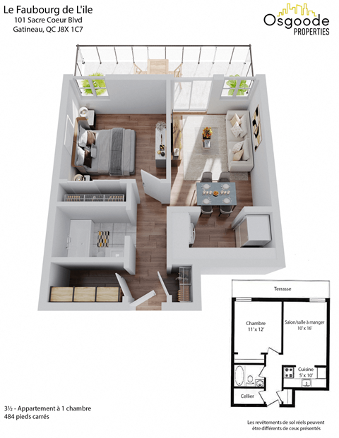 Floor plan for 1 bed, 1 bath, 484 sqft