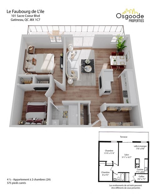 Floor plan for 2 beds, 1 bath, 575 sqft