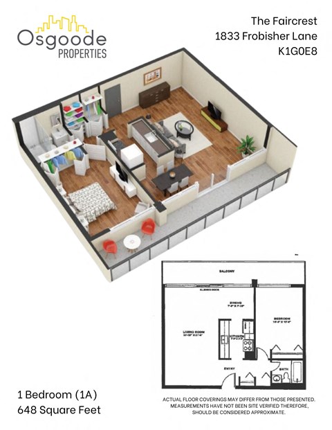Floor plan for 1 bed, 1 bath, 648 sqft