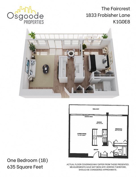 Floor plan for 1 bed, 1 bath, 635 sqft