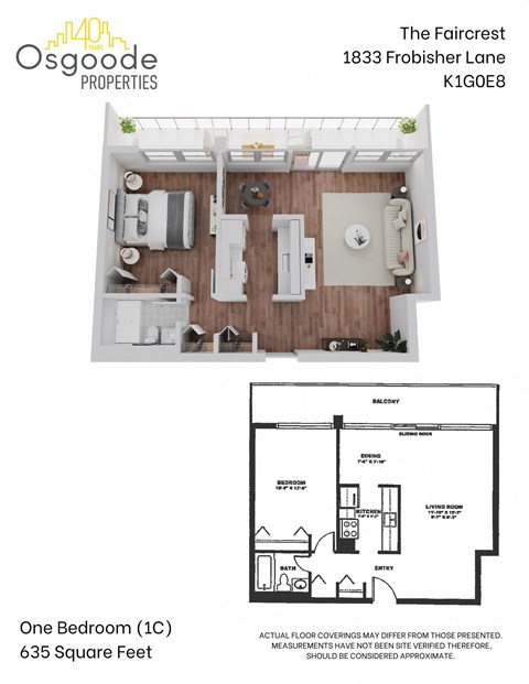 Floor plan for 1 bed, 1 bath, 635 sqft