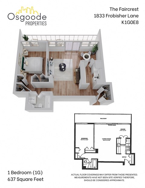 Floor plan for 1 bed, 1 bath, 637 sqft